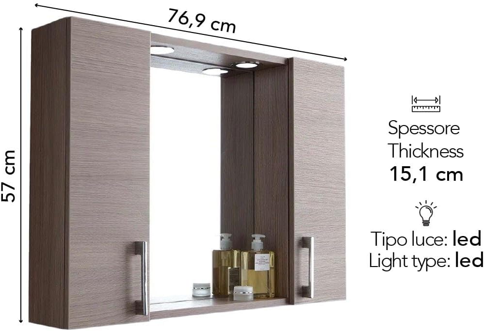 KIAMAMI VALENTINA Ablagespiegel mit Seitenschränken, Regal und LED-Strahlern 77cm Eiche Rauch