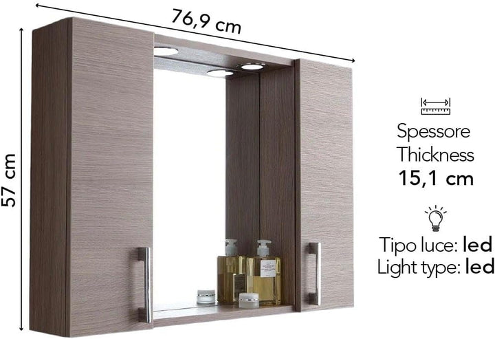 KIAMAMI VALENTINA Ablagespiegel mit Seitenschränken, Regal und LED-Strahlern 77cm Eiche Rauch