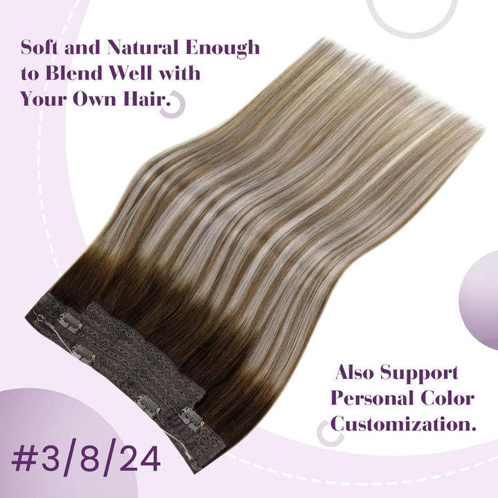 LaaVoo Extensions Echthaar mit Draht Balayage Braun Secret Wire Echthaar Extensions Dunkelbraun Ombr