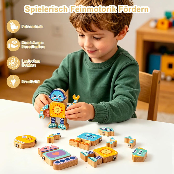 Montessori Spielzeug ab 3 Jahre, 33-TLG. Holz-Roboter-Bauset | Einfaches Stecksystem mit beweglichen
