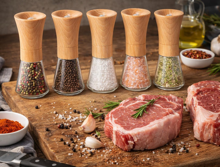 Salz und Pfeffermühle - Buchenholz Glas Gewürzmühle – Einstellbarer Mahlgrad Pfeffer Salzmühle – Mod