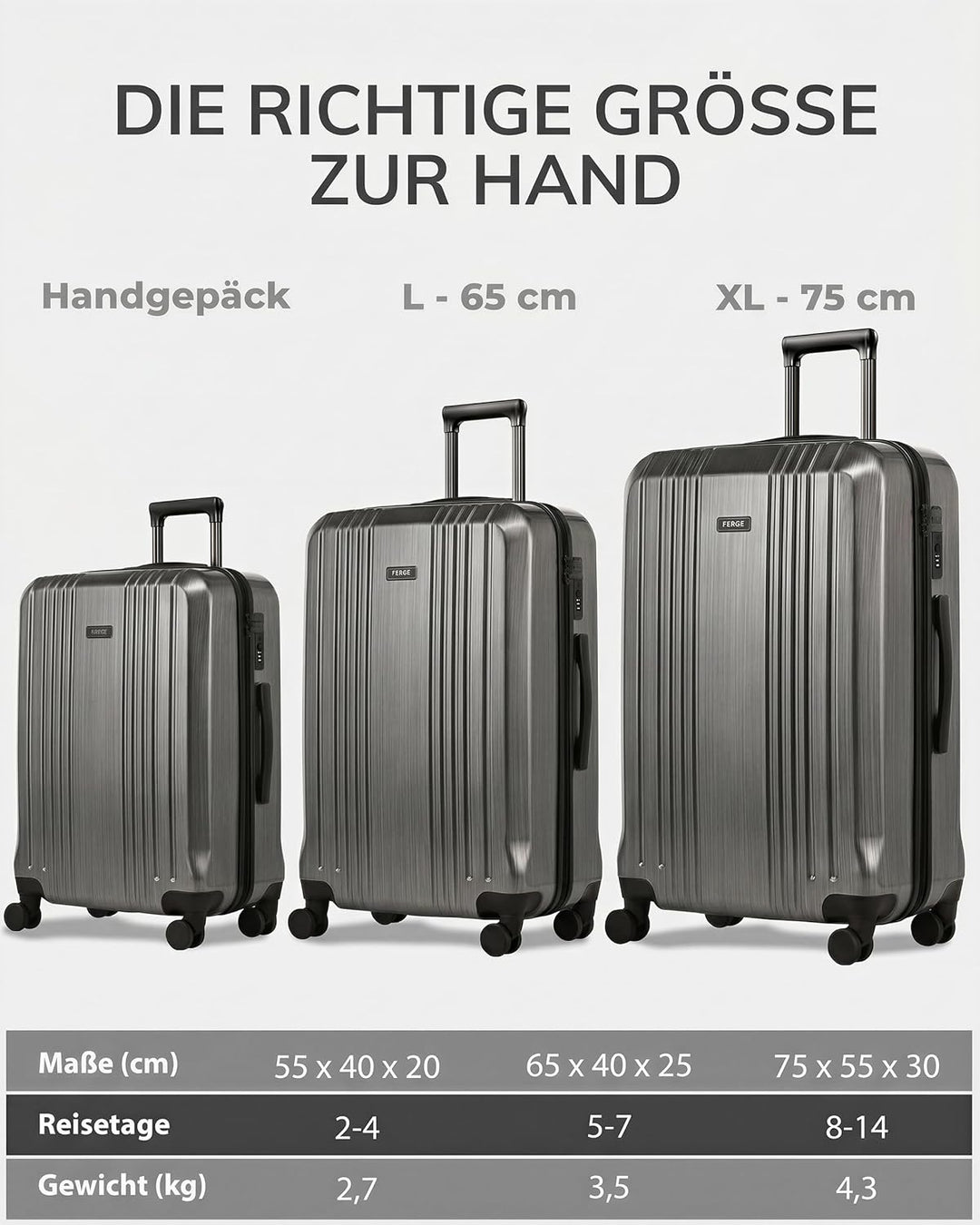 FERGÉ Kofferset Hartschale 3-teilig + TSA Schloss Cannes Trolley-Set - Handgepäck 55 cm, L und XL 3e