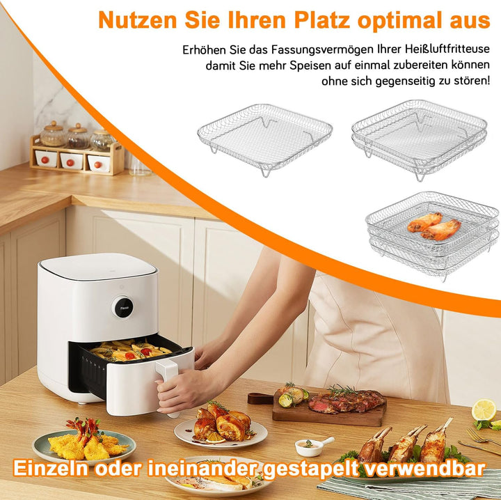 3 Stück Gitter für Heissluftfritteuse 20 cm, Edelstahl, Zubehör Heissluftfritteuse, mit Silikonecke,