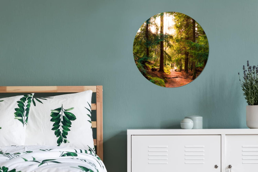 MuchoWow Wandbild Rund Wanddeko Deko Wohnzimmer Bilder 60x60 cm Wald - Weg - Bäume - Grün - Sonne -