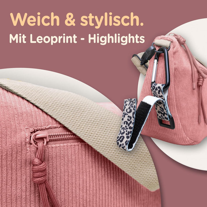 Jubi® Wickeltasche Moon Bag aus Cord Pink – Kinderwagenorganizer mit Kinderwagenbefestigung, Crossbo