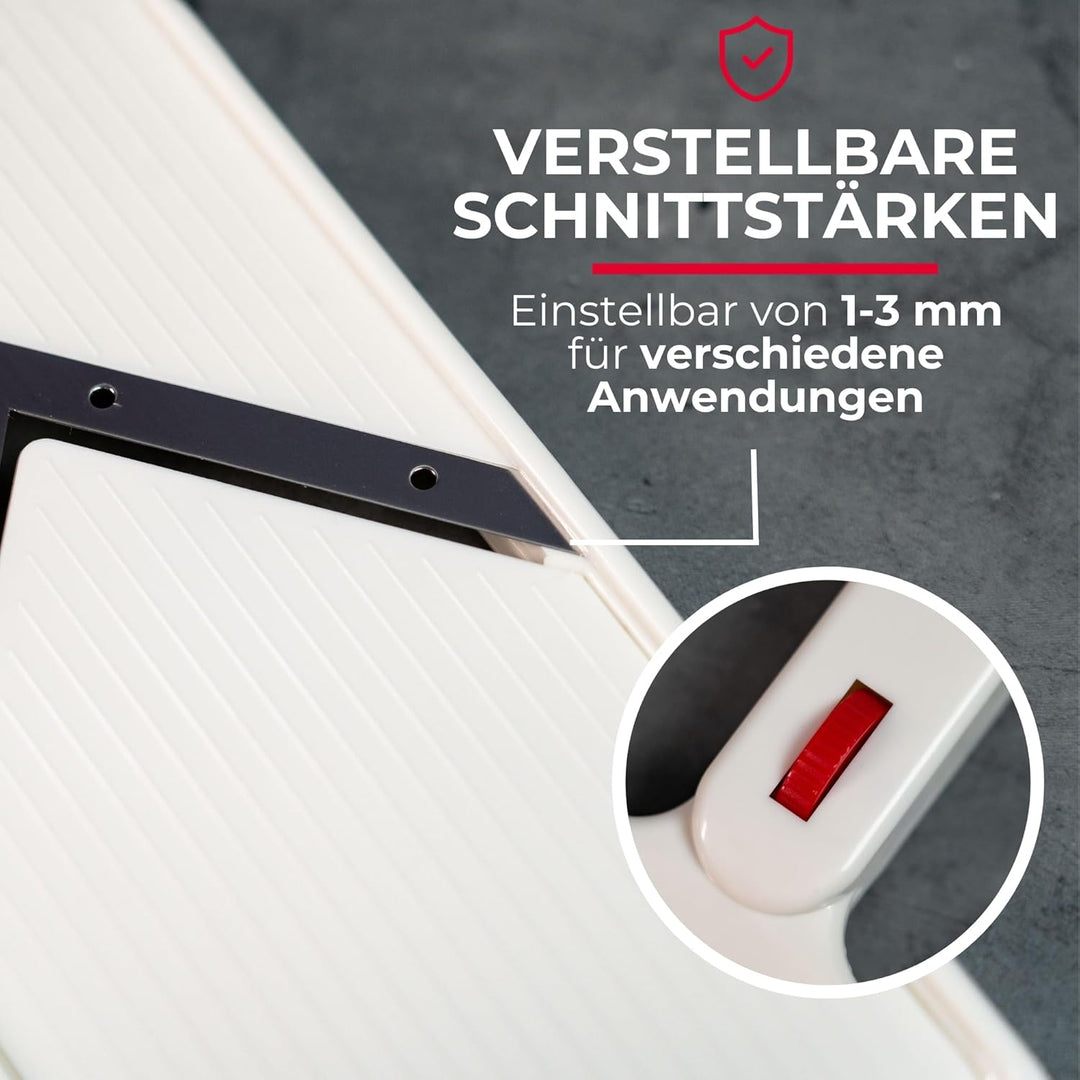 Westmark Gemüseschneider mit verstellbarer Schnittstärke, V-förmige Edelstahlklinge, mit Restehalter