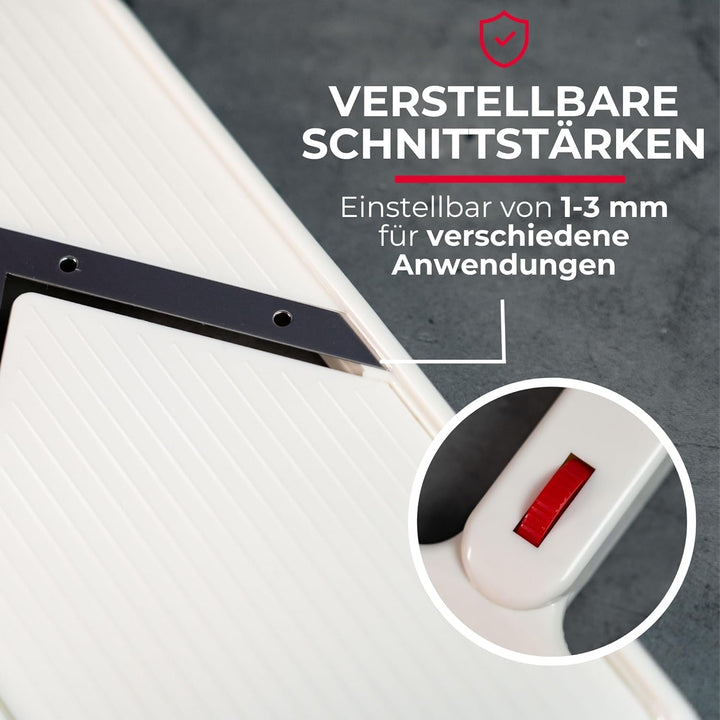 Westmark Gemüseschneider mit verstellbarer Schnittstärke, V-förmige Edelstahlklinge, mit Restehalter