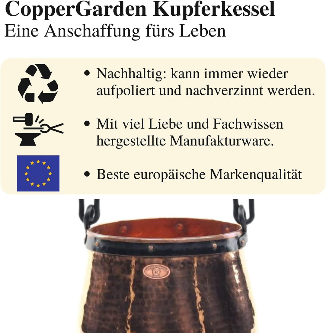 CopperGarden Kupferkessel 3 L mit Henkel I Robuster Kessel aus blankem Kupfer: Ideale Wärmeleitung &