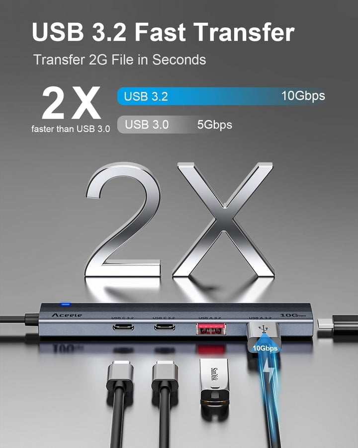 Aceele USB C Hub 10-Gbit/s mit 2 USB-A und 2 USBC-3.2-Anschlüssen, USB3.2 Gen 2 Verteiler mit 1 m Ve
