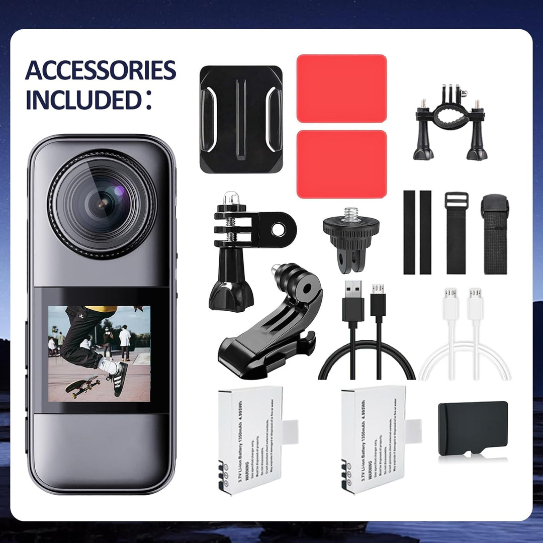 Action Cam Dotato di scheda di Memoria 32GB, Doppio schermo Telecamera Moto,Action Camera Con batter