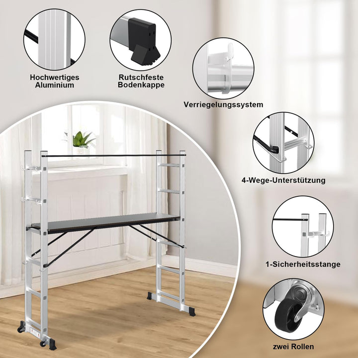 Gimisgu Gerüst, 4 in 1 Alu Multifunktionsleiter 6+6 Stufen, Mobile Mehrzweckleiter mit Plattform und