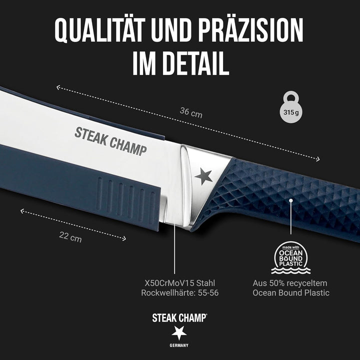 STEAK CHAMP BBQ Pro Kochmesser 22cm, Klinge aus hochwertiger Stahllegierung X50CrMoV15 (Klingenstahl
