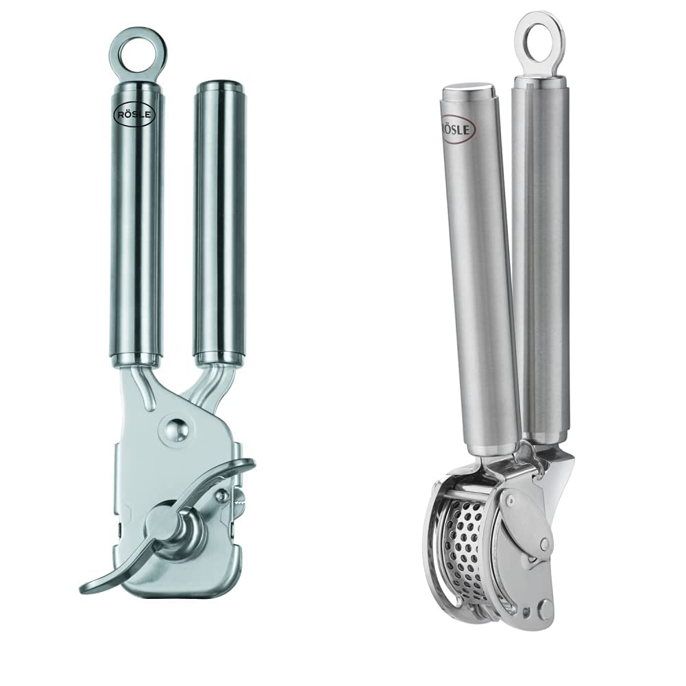 RÖSLE Knoblauchpresse mit Abstreifer, Spülmaschinengeeignet & Zangen-Dosenöffner, Hochwertiger Dosen