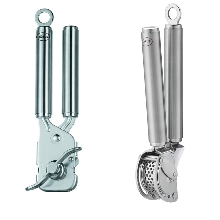 RÖSLE Knoblauchpresse mit Abstreifer, Spülmaschinengeeignet & Zangen-Dosenöffner, Hochwertiger Dosen