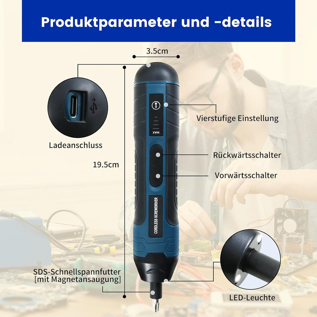 Mini Akkuschrauber 20 in 1, 4V Akkuschrauber klein, Elektrischer Schraubendreher, mit 4-Gang-Drehmom