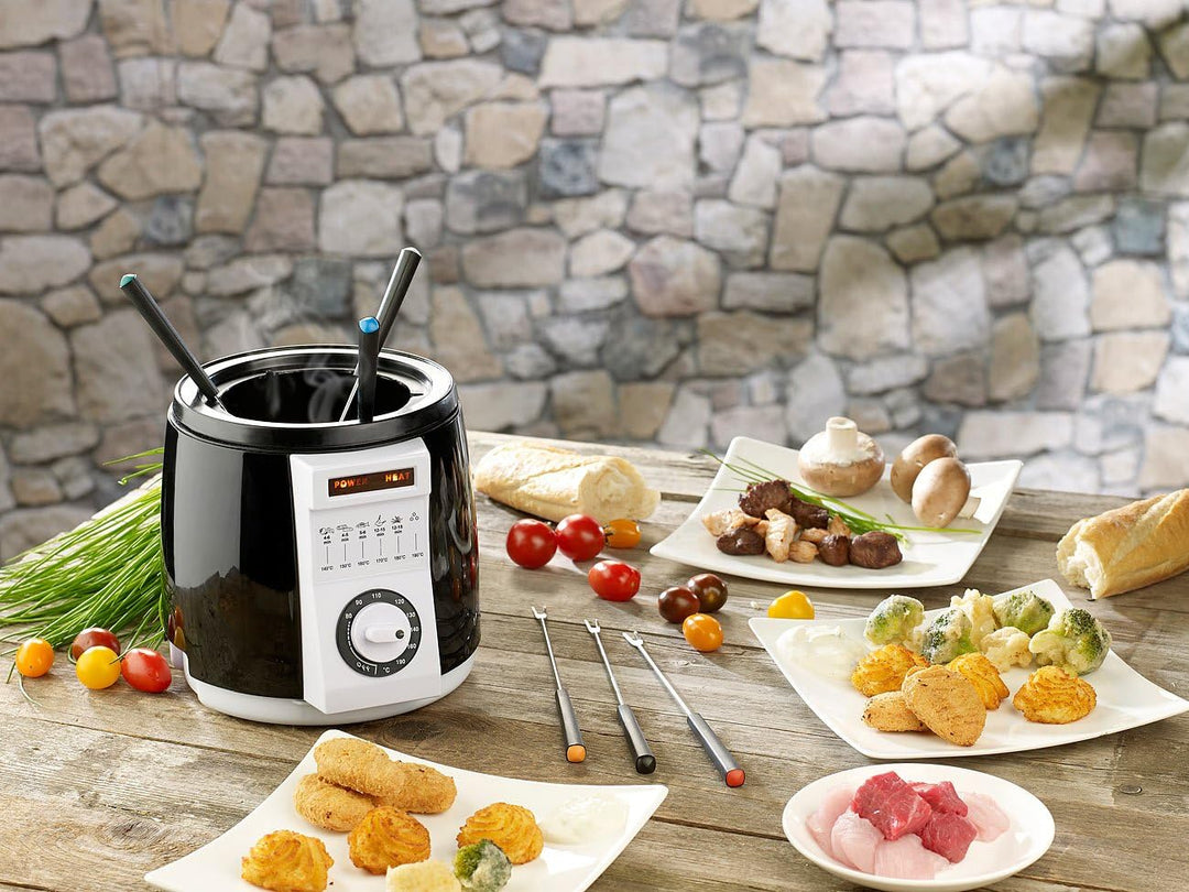 Rosenstein & Söhne Minifritteuse: 2er-Set kompakte Tisch-Fritteusen mit Fondue-Set, 0,9 Liter, 840 W