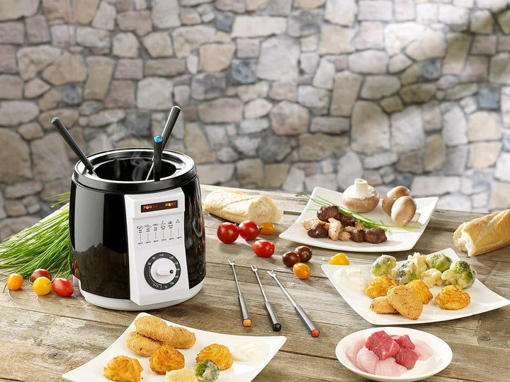 Rosenstein & Söhne Minifritteuse: 2er-Set kompakte Tisch-Fritteusen mit Fondue-Set, 0,9 Liter, 840 W