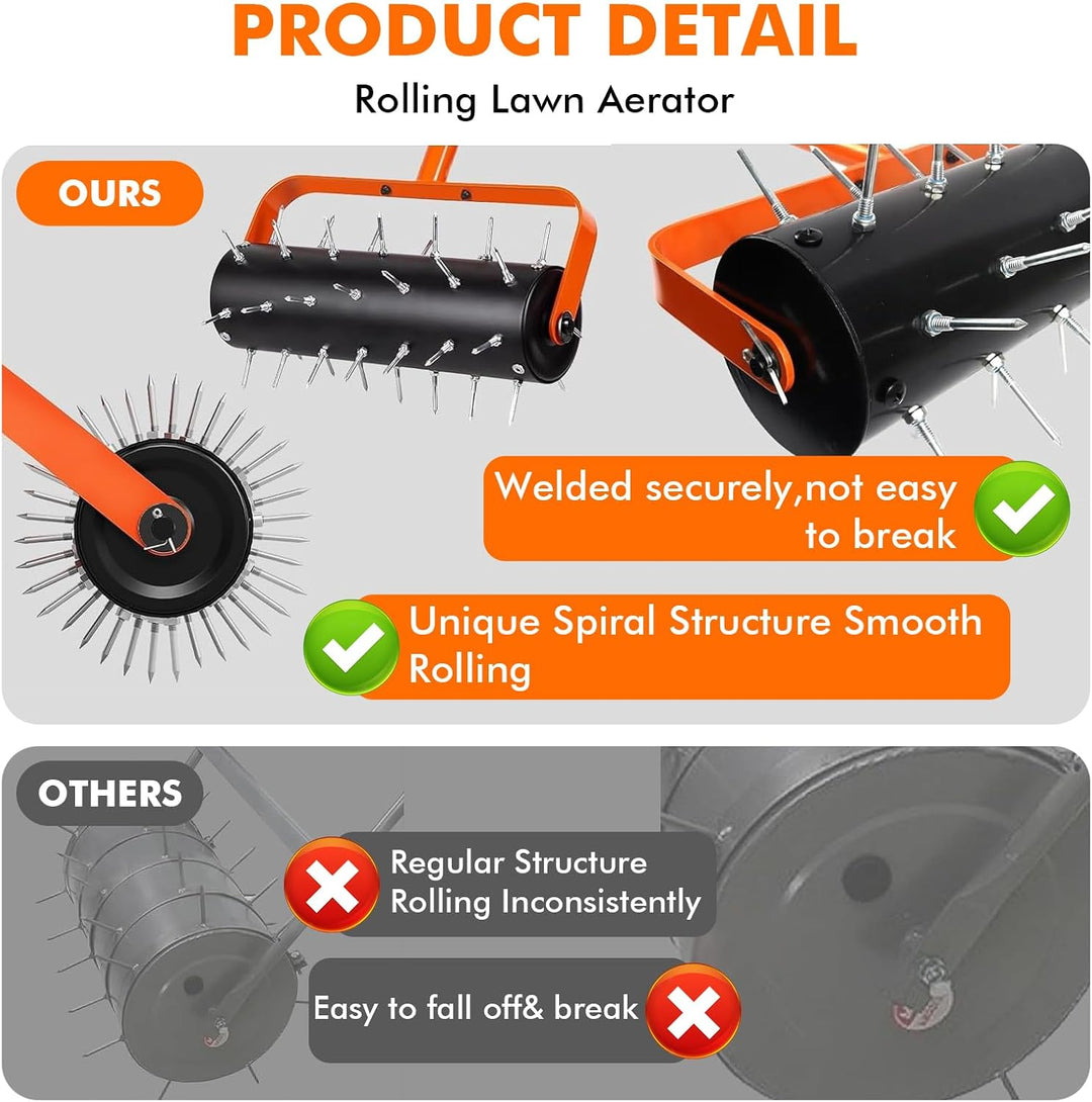 Rasenlüfter Walze, Rasenbelüfter Manuell, Handvertikutierer Rollend mit 42 Nägeln 5cm & Spritzschutz