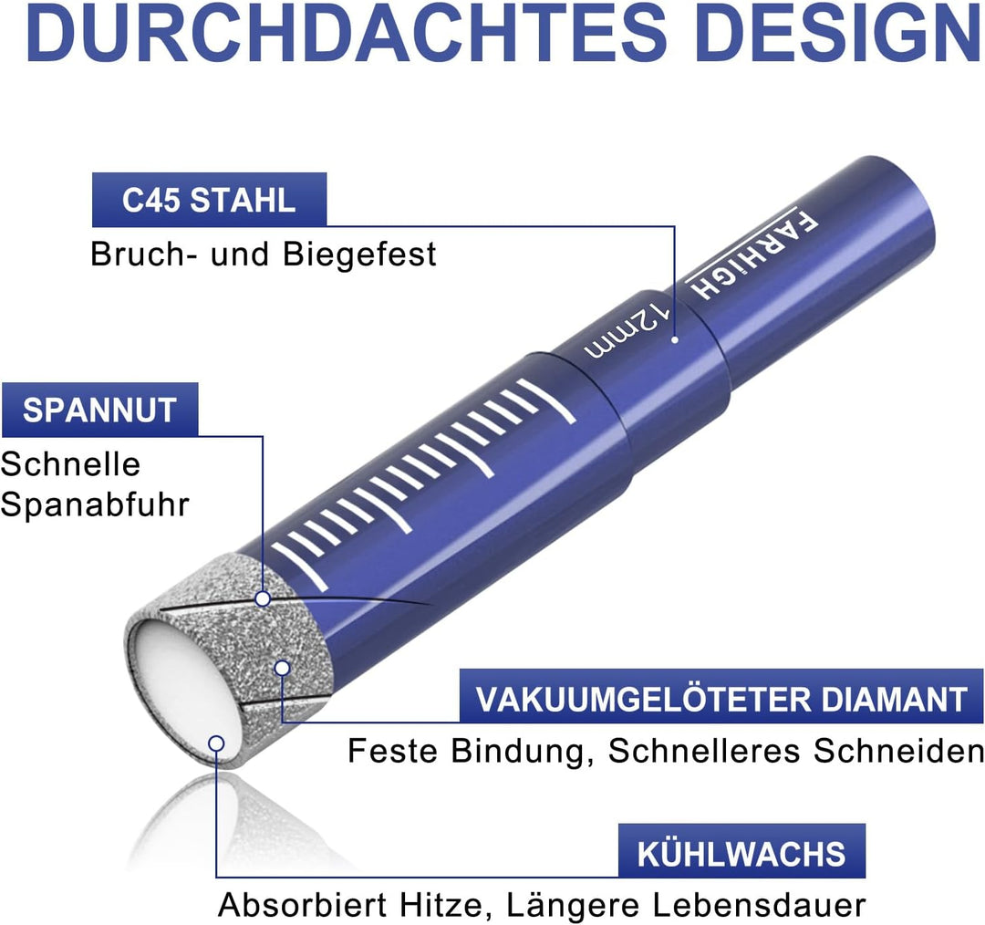 Diamantbohrer Fliesenbohrer Glasbohrer Set 6, 8, 10, 12mm &amp; 6mm Hartmetallbohrer für Keramik,Porzell