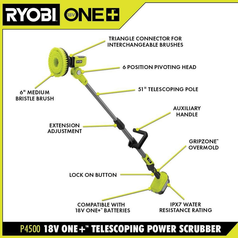 RYOBI ONE+ P4500 Schnurloser Teleskop-Elektroschrubber mit 18 Volt (nur Werkzeug)