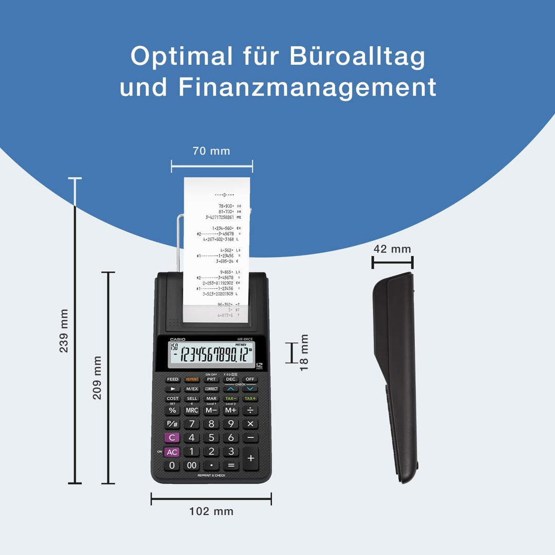 CASIO Druckender Tischrechner HR-8RCE, 12-stellig, Wiederholungsdruck, Cost/Sell/Margin, Profi-Proze