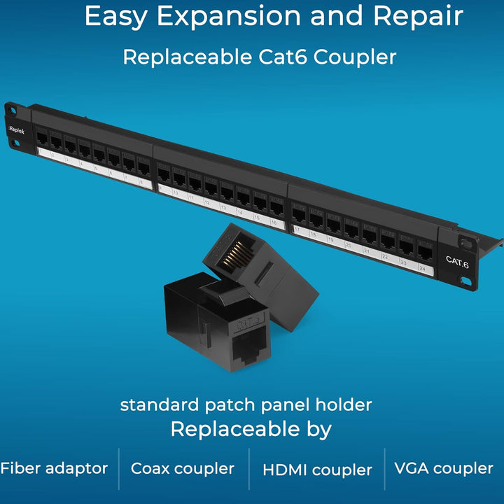 Patchpanel 24 Port Cat6 mit Inline Keystone 10G Support, Rapink Pass-Thru Koppler Patchpanel UTP 48,