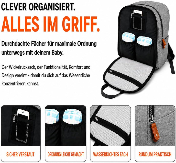 Wickeltasche Baby Wickelrucksack Set mit Wickelunterlage &amp; Kinderwagenbefestigung, grosser wasserabw