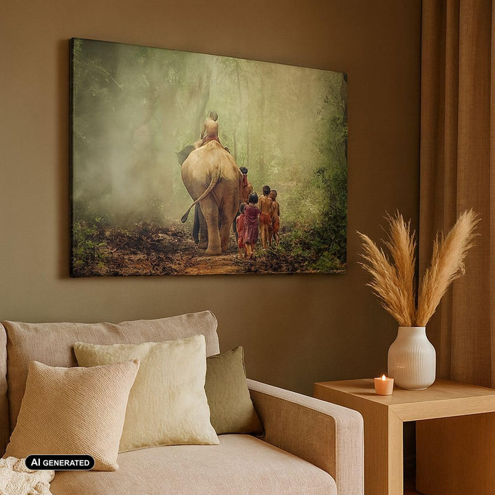 Bilder auf Leinwand 100x70cm Leinwandbild Elefant Dschungel Nebel Gross Wanddeko Bild Schlafzimmer K