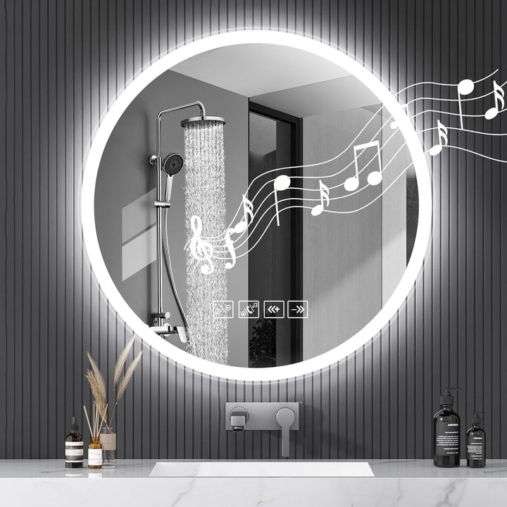 600mm Rund Badspiegel mit Beleuchtung und Musik Bluetooth 3 Lichtfarbe Dimmbar | Badezimmerspiegel A