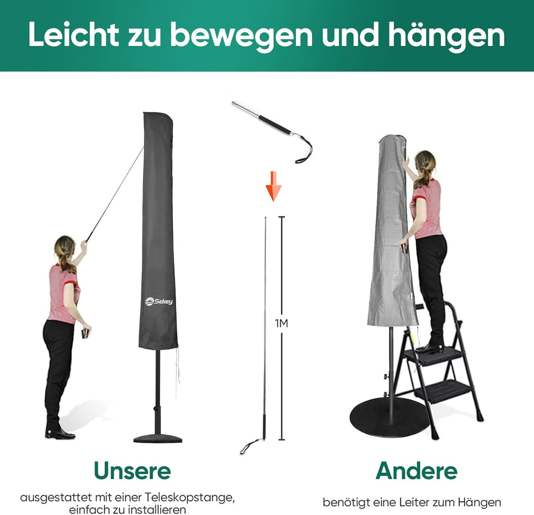 Sekey Sonnenschirm Schutzhülle mit Stab, Abdeckhauben für Ø 350cm / 200x300cm Gartenschirm, 190×30/5