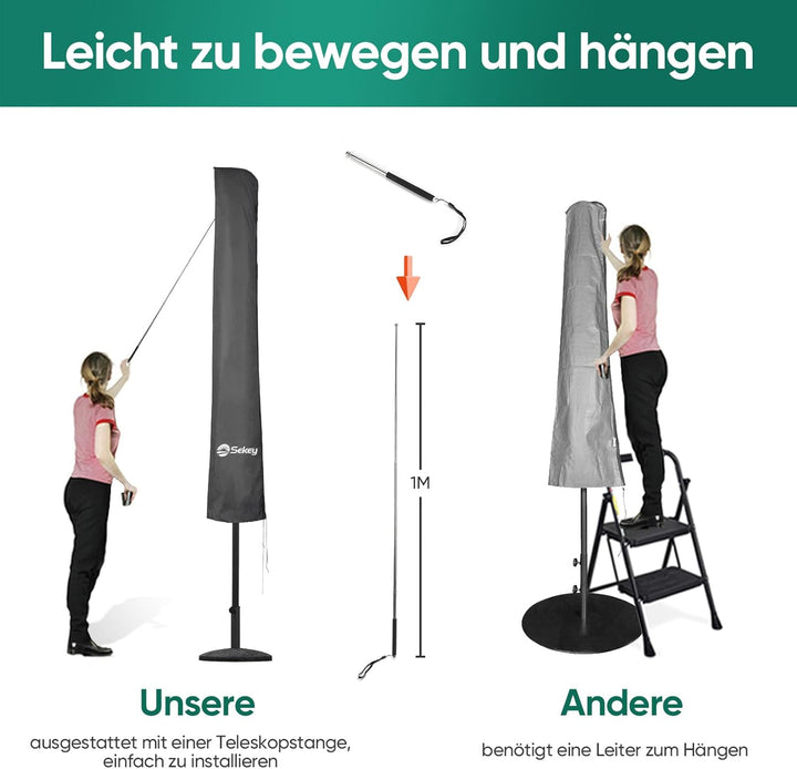 Sekey Sonnenschirm Schutzhülle mit Stab, Abdeckhauben für Ø 350cm / 200x300cm Gartenschirm, 190×30/5
