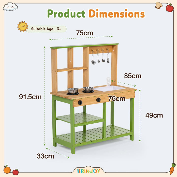 BRINJOY Matschküche Kinder Outdoor, Spielküche Kinder Holz-Matschküche für draussen mit realistische
