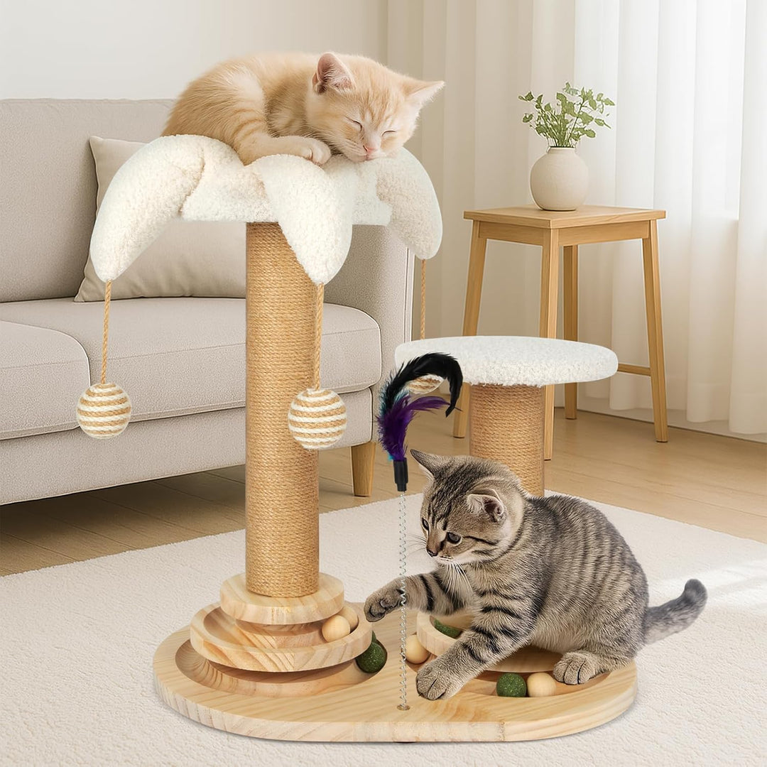 6 in 1 Interaktives Katzenspielzeug, Holz Katzenmöbel mit Hängenden Kugeln, Federn, Drehbar Smart Tr