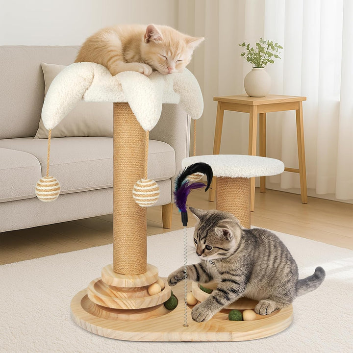 6 in 1 Interaktives Katzenspielzeug, Holz Katzenmöbel mit Hängenden Kugeln, Federn, Drehbar Smart Tr