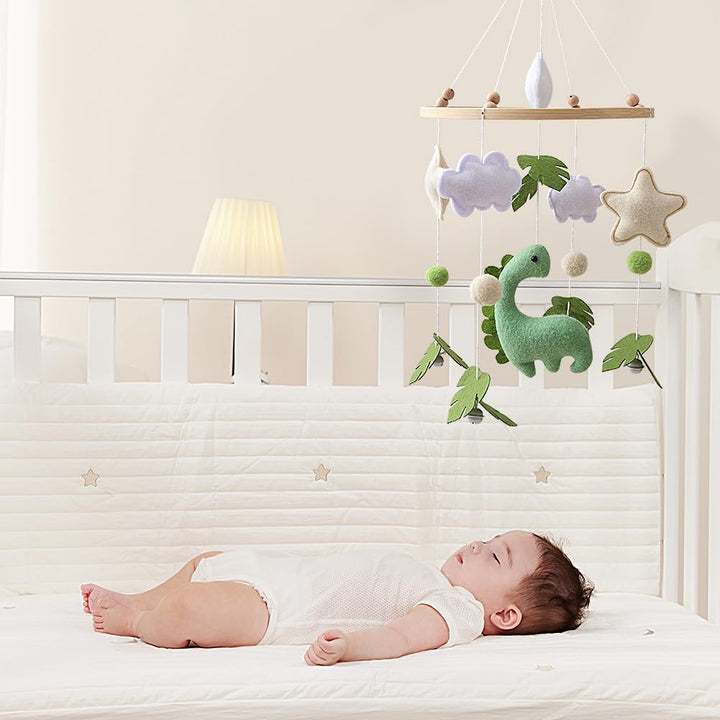 Mobile Baby Windspiele, Mobile Babybett, mit Dinosaurier, Sterne, Wolken, Blätter aus Filz, Holz Hän