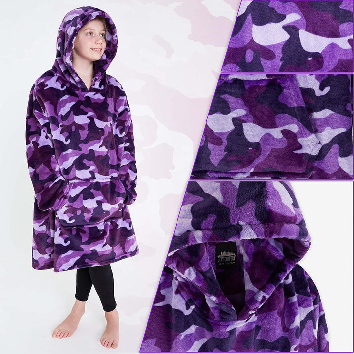 CityComfort Decke Hoodie Kinder Fleece Übergrösse Kapuzenpullover Mädchen Einheitsgrösse Lila Tarnfa