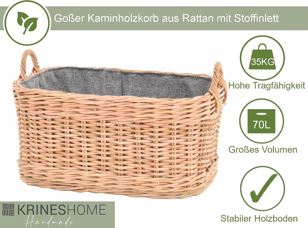 Holzkorb für Kaminholz Rattan geflochten mit Griffen und Stoff Tragekorb Holz (Hell Natur, 64x50cm)