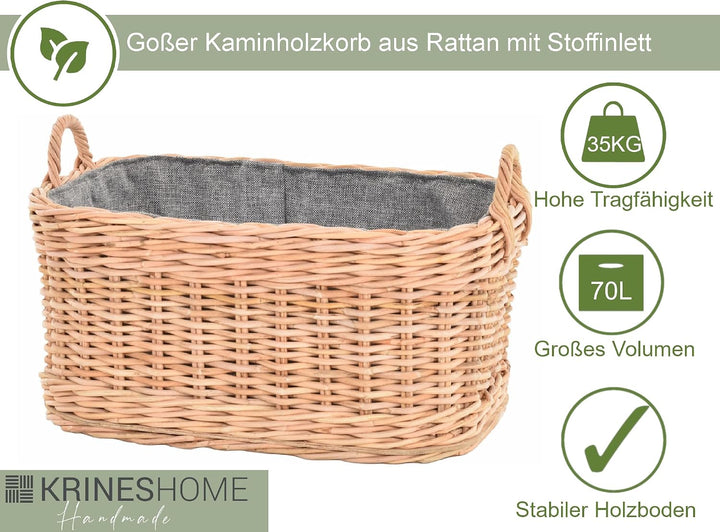 Holzkorb für Kaminholz Rattan geflochten mit Griffen und Stoff Tragekorb Holz (Hell Natur, 64x50cm)