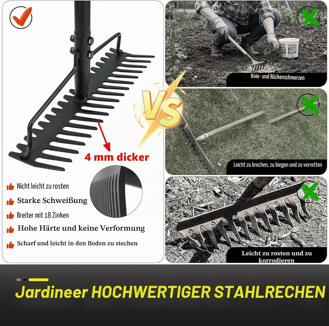 Jardineer Garten Rechen, 150cm Langstiel Metall Rechen, Harke Garten Mit Stiel für Kies, Felsen, Ras