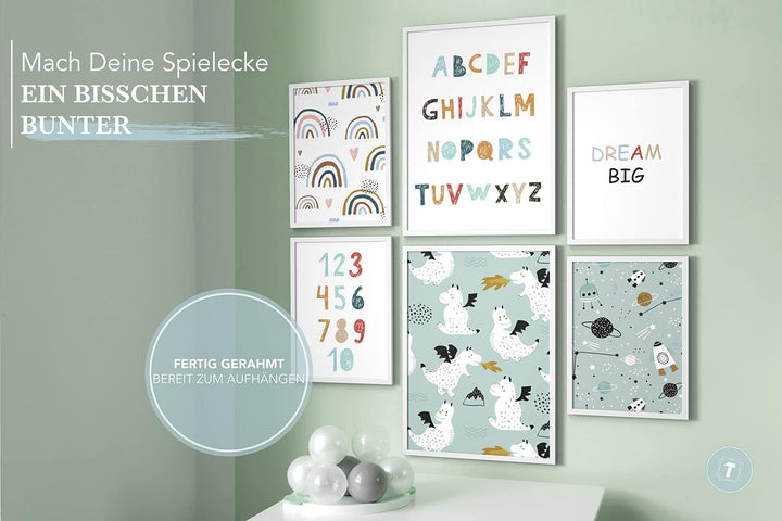 Papierschmiede® Bilder Kinderzimmer Kids Mood Poster Set ABC Dragon Space, Gerahmte Bilder fürs Kind
