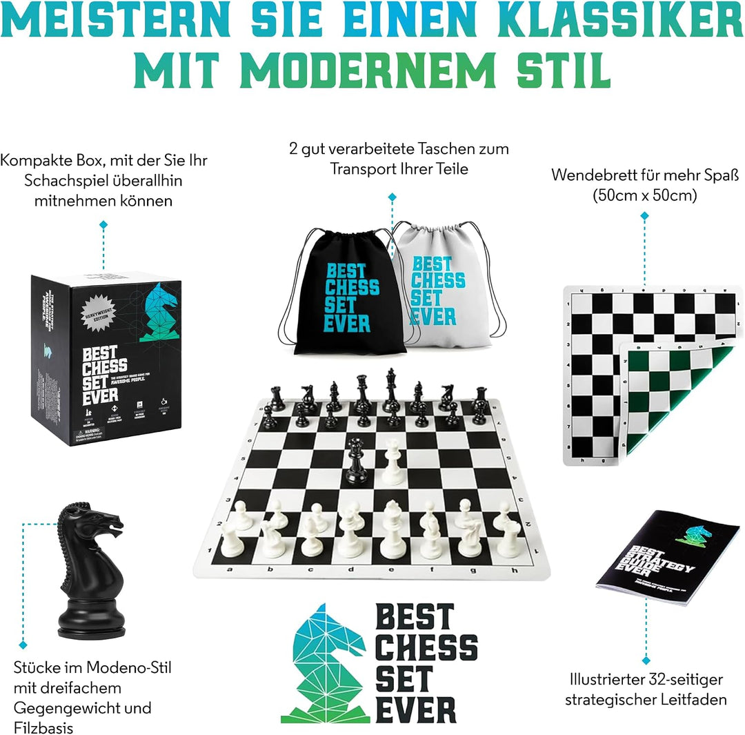 Best Chess Set Ever 3X – Turnierschachset mit 20" Silikonbrett (Patentiert, Beidseitig & Aufrollbar)