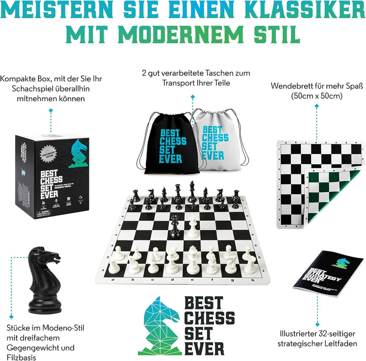 Best Chess Set Ever 3X – Turnierschachset mit 20" Silikonbrett (Patentiert, Beidseitig & Aufrollbar)
