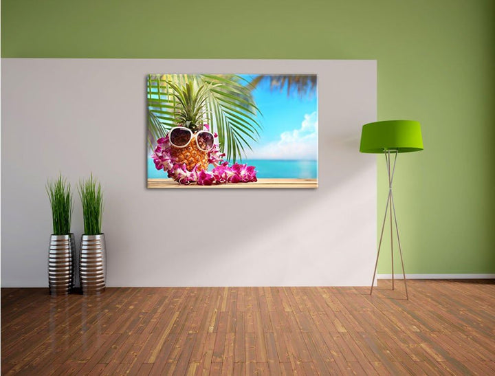 Ananas Urlaubsfeeling mit Sonnenbrille Format: 100x70 auf Leinwand, XXL riesige Bilder fertig gerahm