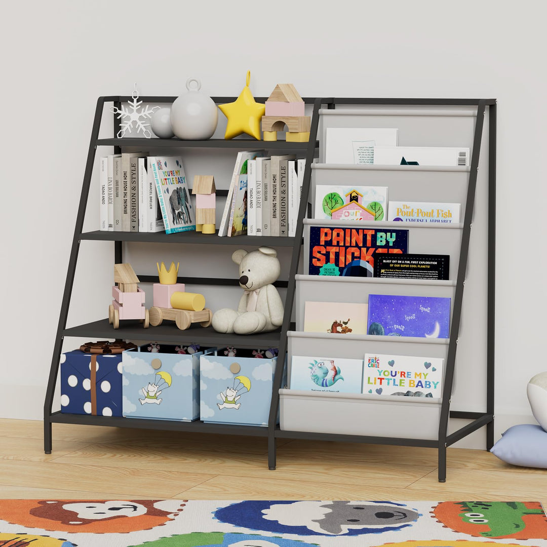 Bücherregal Kinder Metall mit 5 Fächern und 3 Abalege, Kinderregal Montessori Spielzeug-Organizer fü