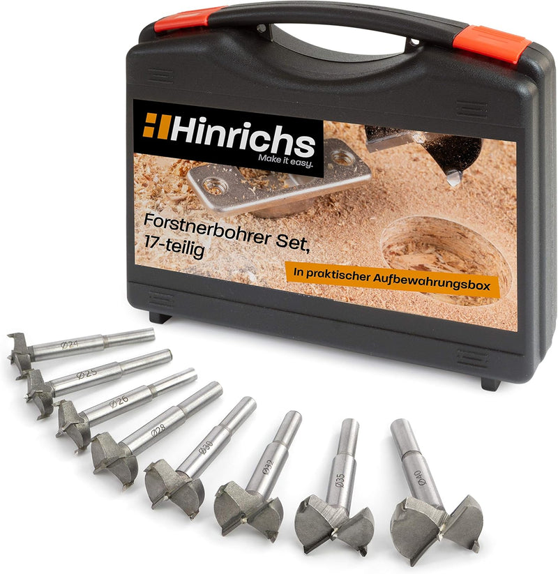 Hinrichs Forstnerbohrer Set 17 teilig im Koffer - Forsterbohrerset 15 bis 40 mm - Holzbohrer - Forst