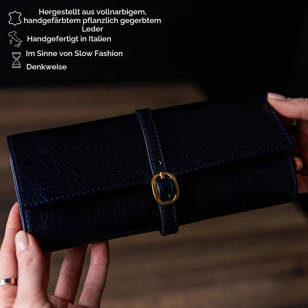 Time Resistance Blau Leder Schmuck Organizer – 100% Leder Schmuckrolle für Reisen Hergestellt in Ita