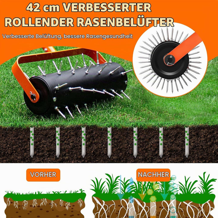 Rasenlüfter Walze, Rasenbelüfter Manuell, Handvertikutierer Rollend mit 42 Nägeln 5cm &amp; Spritzschutz