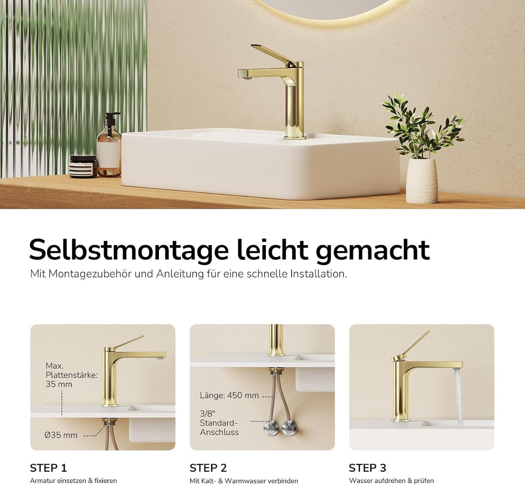 EMKE Wasserhahn Bad Champagnergold, waschtischarmatur, 4MS Messing, Wasserhahn Bad mit Auslauf Höhe
