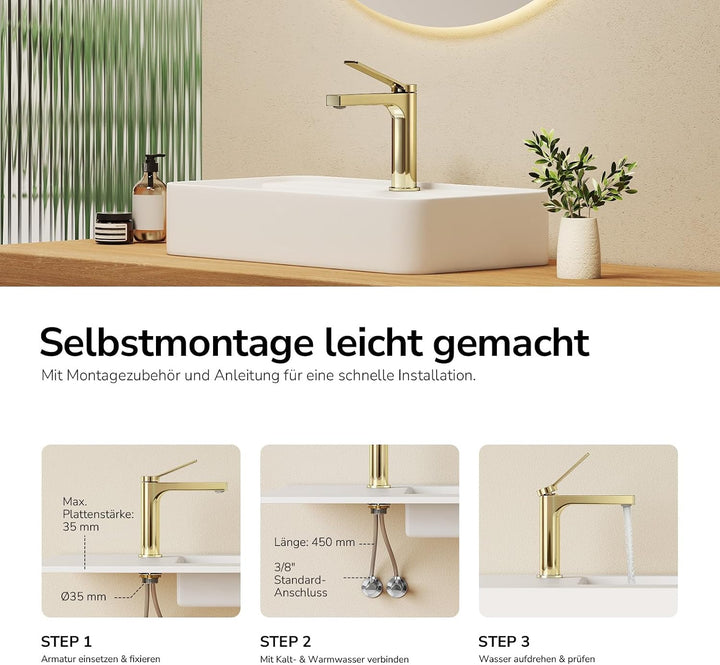 EMKE Wasserhahn Bad Champagnergold, waschtischarmatur, 4MS Messing, Wasserhahn Bad mit Auslauf Höhe