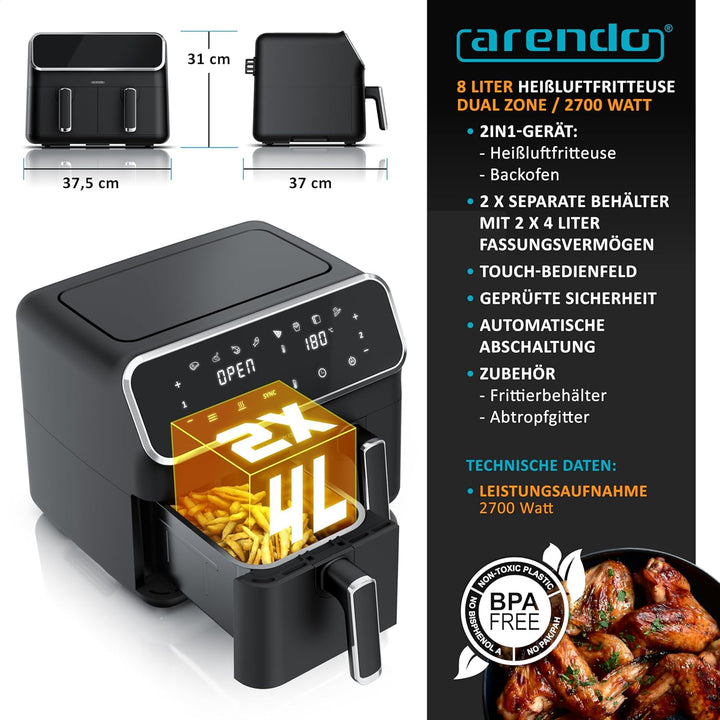 Arendo - Heissluftfritteuse Dual Zone mit 2 Kammern - XXL Kapazität 2 Fächer Doppelkammer – 2700 Wat